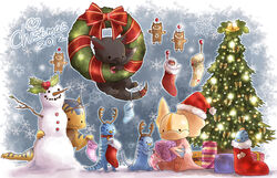  2012 antlers bad_id bad_pixiv_id bell box branch chibi christmas christmas_lights christmas_ornaments christmas_stocking christmas_tree collar commentary_request gift gift_box giggi gingerbread_man hat holly horns jingle_bell khezu_whelp monster monster_hunter_(series) nargacuga no_humans open_mouth photoshop_(medium) reindeer_antlers santa_hat snowflakes snowman tail tigrex velociprey wreath yakiudon yian_kut-ku 