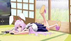  airsoft animal_ears buncha_to_imon commentary_request dual_wielding female gun handgun highres holding long_hair lying on_stomach pink_hair rabbit_ears red_eyes reisen_udongein_inaba slippers solo the_pose touhou trigger_discipline walther walther_p38 weapon 