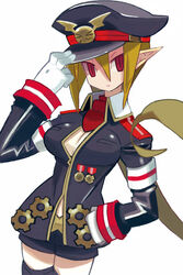  adjusting_clothes adjusting_headwear armband black_hat blonde_hair commentary_request cowboy_shot disgaea expressionless female gloves hat long_hair makai_senki_disgaea_3 military military_hat military_uniform pointy_ears ponytail red_eyes salvatore_(disgaea) shorts slit_pupils solo uniform very_long_hair white_background white_gloves yuuki_(irodo_rhythm) 