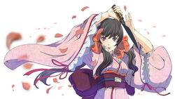  animal_ears bad_id bad_pixiv_id black_hair bow dagger female fox_ears hair_ribbon hairbow hands japanese_clothes kimono knife kopperi long_hair obi otome_youkai_zakuro petals purple_eyes ribbon sash solo twintails upper_body weapon wide_sleeves zakuro_(otome_youkai_zakuro) 