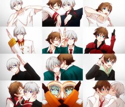  2boys bespectacled blue_eyes blush brown_hair closed_eyes commentary_request eye_contact glasses heart heart_hands heart_trace helmet hood hooded_jacket jacket kakumeiki_valvrave kissing kissing_cheek l-elf looking_at_another male_focus military military_uniform multiple_boys necktie open_mouth parody purple_eyes sana423 school_uniform short_hair smile spacesuit spoilers tokishima_haruto uniform v white_hair yaoi 