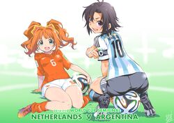  2014_fifa_world_cup 2girls antenna_hair argentina armband ass ball black_hair black_legwear blush brazuca cleats clothes_writing color_connection dated dutch_flag from_behind green_eyes highres idolmaster idolmaster_(classic) inoue_sora kikuchi_makoto kneehighs long_hair looking_at_viewer looking_back multiple_girls netherlands open_mouth orange_hair pantylines purple_eyes revision ribbed_legwear short_hair shorts signature sitting sitting_on_ball sitting_on_object smile soccer soccer_ball soccer_uniform socks sportswear squatting takatsuki_yayoi twintails wariza world_cup wristband 