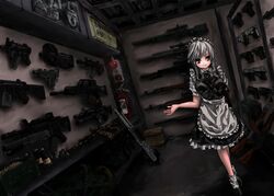  ak-47 ak-74 ammunition ammunition_box apron armory assault_rifle bad_id bad_pixiv_id battle_rifle beretta_92 between_breasts black_footwear box breasts bullpup camouflage camouflage_paint chains closed_mouth combat_shotgun dark dragunov_svd dress dutch_angle equipment_layout explosive female fire_extinguisher frilled_apron frilled_dress frills full_body glock grenade grenade_launcher grey_hair gun h&amp;k_g3 h&amp;k_g36 h&amp;k_mp5 h&amp;k_mp5k h&amp;k_mp5sd h&amp;k_psg1 handgun heckler_&amp;_koch highres holster indoors izayoi_sakuya kalashnikov_rifle koh_(minagi_kou) looking_at_viewer m14 m1911 m203 m4_carbine mac-10/11 maid maid_apron maid_headdress open_box p90 pump_action radiation_symbol red_eyes remington_870 rifle scope shoes shop short_sleeves shotgun sig_p228/p229 sig_sauer sign smile smoke_grenade sniper_rifle socks solo spas-12 strap_between_breasts submachine_gun suppressor touhou underbarrel_grenade_launcher underbarrel_shotgun walking warning_sign weapon weapon_on_wall weapon_shop white_apron white_socks 