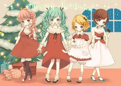  4girls asahi_(pamuko) blonde_hair brown_eyes brown_hair christmas christmas_tree commentary_request dress eating gloves green_eyes green_hair hair_ornament hairclip hatsune_miku kagamine_rin long_hair megurine_luka meiko_(vocaloid) merry_christmas multiple_girls pink_eyes pink_hair short_hair socks thighhighs twintails vocaloid 