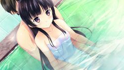  1boy black_hair brown_eyes e-hentai_sample female game_cg habane_kotori image_sample kono_oozora_ni_tsubasa_wo_hirogete long_hair minase_aoi mixed-sex_bathing naked_towel shared_bathing sitting sitting_on_person smile straight towel water yashima_takahiro 