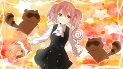  :p ascot bad_id bad_pixiv_id calbee_(potato_chips) candy chips_(food) female food highres holding inu_x_boku_ss leaf leaf_on_head lollipop open_mouth pink_eyes pink_hair potato_boy_(calbee) potato_chips roromiya_karuta school_uniform snack swirl_lollipop tanuki tongue tongue_out twintails watanuki_banri yukichi_(eikichi) 