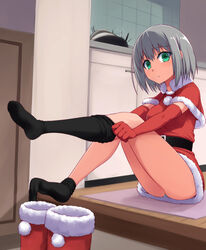  black_thighhighs blush bob_cut boots christmas commentary_request coupe50 dressing elbow_gloves entrance female from_side gloves green_eyes grey_hair indoors leg_lift legs long_legs looking_at_viewer original panties pantyshot photoshop_(medium) red_gloves santa_costume short_hair sitting skirt solo thighhighs tile_wall tiles underwear wooden_floor 