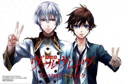  2boys artist_name blue_eyes brown_hair grey_hair highres kakumeiki_valvrave l-elf male_focus military military_uniform multiple_boys necktie open_mouth outstretched_arm purple_eyes school_uniform toboso_yana tokishima_haruto uniform v white_background 