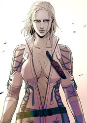  50yen_(gojiue) belt bodysuit breasts breasts_apart center_opening cleavage collarbone commentary_request cowboy_shot cross-laced_clothes expressionless female high_collar knife large_breasts leaf lips looking_at_viewer loose_belt metal_gear_(series) metal_gear_solid mole mole_under_eye monochrome navel no_bra open_bodysuit open_clothes scar sheath sheathed short_hair solo the_boss unzipped weapon wind 