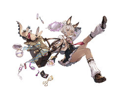  animal_ears backpack bag chloe_(granblue_fantasy) coat compact_(cosmetics) cosmetics dark-skinned_female dark_skin detached_sleeves dress earrings erune female full_body gem granblue_fantasy hand_mirror jewelry looking_at_viewer loose_socks minaba_hideo mirror multicolored_hair official_art open_mouth purple_eyes ribbon shoes short_dress short_hair simple_background socks solo stuffed_toy white_background white_hair 