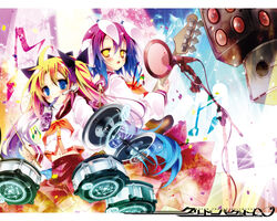  1boy :3 blonde_hair blue_eyes bluetooth_headset blush cellphone character_request drum drumsticks female greed_packet_unlimited guitar hair_ribbon headset instrument kamiya_yuu magic_circle microphone mouth_hold multicolored_hair navel nokia otoko_no_ko phone ribbon school_uniform short_hair smile speaker twintails yellow_eyes 