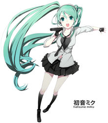  aqua_eyes aqua_hair belt commentary_request female fingerless_gloves gloves hatsune_miku headphones highres kneehighs long_hair microphone navel necktie open_mouth partial_commentary simple_background skirt socks solo takashiro_(takashiro_factory) twintails very_long_hair vocaloid 