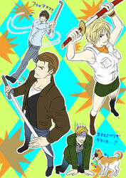  3boys black_hair blonde_hair brown_hair canine commentary_request crossover denim denim_skirt female harry_mason heather_mason henry_townshend james_sunderland katana lead_pipe miniskirt multiple_boys short_hair silent_hill_(series) silent_hill_1 silent_hill_2 silent_hill_3 silent_hill_4:_the_room skirt sleeveless sword tachibana_subaru translated vest weapon white_background wristband 