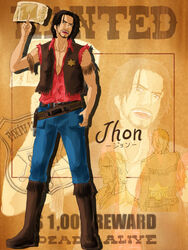  belt black_hair boots facial_hair highres holster isomine male_focus pixiv_western sheriff_badge solo wanted_poster western 