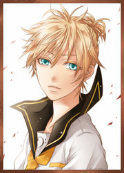  1boy aqua_eyes bad_id bad_pixiv_id blonde_hair border hakuseki highres kagamine_len male_focus petals solo vocaloid 