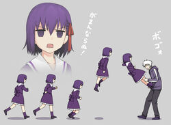  1boy aged_down commentary_request dress fate/zero fate_(series) female full_body hair_ribbon kicking lolicon matou_kariya matou_sakura open_mouth purple_eyes purple_hair ribbon sequential short_hair simple_background takashiro_(takashiro_factory) translated white_hair 