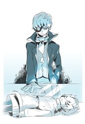  1boy aqua_theme blue_theme commentary_request concrete_revolutio earth-chan_(concrete_revolutio) female itumu judas_(concrete_revolutio) monochrome short_hair skirt sleeping smile 