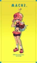  adjusting_clothes adjusting_hat baseball baseball_helmet baseball_mitt bike_shorts black_nails blue_eyes breasts character_request cleavage cleavage_cutout copyright_request crop_top cropped_jacket female full_body green_hair hat helmet highres jacket long_hair microskirt midriff nail_polish navel outstretched_arm shoes shorts_under_skirt skirt sleeves_pushed_up smile socks solo tan tongue tongue_out watermark web_address yui35 