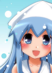  blue_eyes blue_hair close-up commentary_request dress female hat ikamusume kazahana_chiruwo long_hair photoshop_(medium) shinryaku!_ikamusume solo 