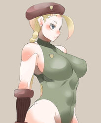  abs ahoge beret blonde_hair blue_eyes braid breasts cammy_white commentary_request female gloves green_leotard halterneck hat huge_ahoge large_breasts leotard ryu3224 skin_tight solo street_fighter twin_braids 