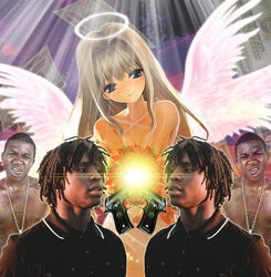  angel character_request clones dark_skin female gun halo money multiple_boys real_life_insert wings 