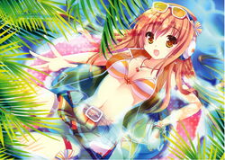  :d beatmania_iidx belt between_breasts bikini bikini_skirt bracelet breasts brown_hair cleavage cross eyewear_on_head female headphones highres hinata_momo jewelry long_hair medium_breasts navel necklace open_mouth orange_bikini orange_eyes palm_tree pendant see-through smile solo striped_bikini striped_clothes sunglasses swimsuit tree umegiri_iroha 