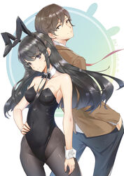  1boy absurdres animal_ears azusagawa_sakuta back-to-back bad_id bad_pixiv_id black_bow black_bowtie black_hair black_legwear black_leotard bow bowtie breasts detached_collar erjian female hair_ornament hairclip hand_on_own_hip highres leotard long_hair looking_at_viewer medium_breasts pantyhose photoshop_(medium) playboy_bunny purple_eyes rabbit_ears sakurajima_mai school_uniform seishun_buta_yarou strapless strapless_leotard wrist_cuffs 