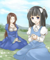  2girls aged_down aya_drevis black_hair blue_dress blue_eyes blunt_bangs blush bow breasts brown_hair cleavage closed_eyes cloud collarbone collared_shirt day dress flower grass hair_ornament hairbow holding jewelry long_hair mad_father medium_breasts monika_drevis mother_and_daughter mountain mouse_(animal) multiple_girls nature necklace open_mouth outdoors parted_bangs sakurage11 shirt sidelocks sitting sky smile tree 