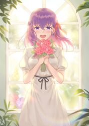  :d artist_name black_ribbon blush bouquet commentary_request dress fate/stay_night fate_(series) female floating_hair flower hair_between_eyes hair_ribbon highres holding holding_bouquet long_dress long_hair looking_at_viewer matou_sakura official_alternate_costume open_mouth pink_flower puffy_short_sleeves puffy_sleeves purple_eyes purple_hair red_ribbon ribbon short_sleeves smile solo standing ubi_(ekdus6080) white_dress 