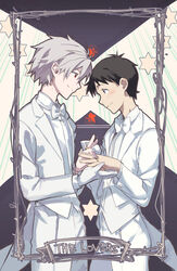  2boys bad_id bad_pixiv_id bow bowtie brown_hair couple english_text gloves highres husband_and_husband ikari_shinji jewelry male_focus meer_rowe multiple_boys nagisa_kaworu neon_genesis_evangelion photoshop_(medium) red_eyes ring short_hair single_glove smile tuxedo wedding_ring white_hair yaoi 