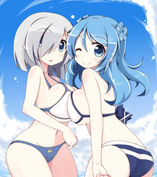  2girls ass asymmetrical_docking back bikini blue_eyes blue_hair blue_sky breast_press breasts cloud commentary_request double_bun grey_hair hair_bun hair_ornament hair_over_one_eye hairclip halterneck hamakaze_(kancolle) highres impossible_clothes impossible_swimsuit kantai_collection large_breasts long_hair looking_at_viewer looking_back multiple_girls nanashino_(nanasino101) navel one_eye_closed parted_lips photoshop_(medium) short_hair sky smile swimsuit urakaze_(kancolle) 