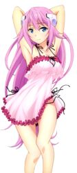  armpits arms_behind_back arms_up black_panties blue_eyes breasts cleavage collarbone dress eyebrows_visible_through_hair frilled_dress frills gakusen_toshi_asterisk hair_between_eyes highres julis-alexia_von_riessfeld long_hair medium_breasts panties pink_dress pink_hair side-tie_panties smile solo transparent_background underwear very_long_hair 