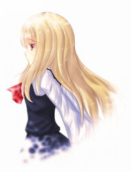  aged_up ascot blonde_hair blouse chilia012 commentary_request fading female highres long_hair looking_to_the_side osana_reimu red_eyes rumia shirt skirt solo tears touhou vest white_background white_shirt 