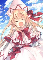  blonde_hair blush bow capelet closed_eyes commentary_request day dress female hat jpeg_artifacts lily_white long_hair md5_mismatch open_mouth outdoors petals sky smile solo suzushiro_kurumi touhou very_long_hair wings 