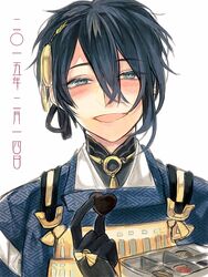  1boy black_gloves blue_eyes blue_hair blush box box_of_chocolates candy chocolate commentary_request dated food gloves hairband heart heart-shaped_chocolate japanese_clothes looking_at_viewer male_focus mikazuki_munechika mogupen open_mouth simple_background smile solo touken_ranbu translated unmoving_pattern upper_body valentine white_background 