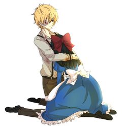  1boy aya_drevis bad_id bad_pixiv_id bandage_over_one_eye belt black_hair blonde_hair blood blue_dress bow collared_shirt dress expressionless female frills hair_ornament hairbow hiki-wota hug kneeling long_hair mad_father one_eye_covered orange_eyes pants pantyhose puffy_sleeves robin_(mad_father) shirt shoes short_hair simple_background sitting white_background 