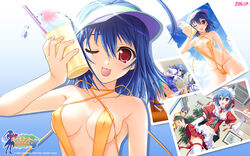  blue_background breasts cleavage collarbone company_name copyright_name covered_nipples cup female food fruit gradient_background groin highres holding holding_cup kitagawa_sora looking_at_viewer medium_breasts multiple_views murakami_suigun official_art official_wallpaper one_eye_closed panties pantyshot photo_(object) pia_carrot_(series) pia_carrot_e_youkoso!!_4 school_uniform shaved_ice slingshot_swimsuit strawberry swimsuit thighhighs tongue tongue_out underwear waitress watermark zoom_layer 