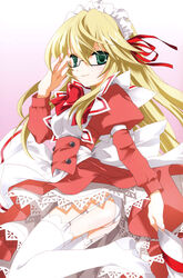  absurdres adjusting_eyewear blonde_hair bow dress female garter_belt glasses green_eyes highres kyoushirou_to_towa_no_sora leg_lift long_hair maid_headdress miyashita_miki panties photoshop_(medium) ribbon semi-rimless_eyewear setsuna_(kyoushirou_to_towa_no_sora) smile solo thighhighs under-rim_eyewear underwear white_panties white_thighhighs 