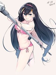  2015 ass beige_background bikini black_hair blue_eyes breasts cleavage commentary_request cropped_legs dated feet_out_of_frame female front-tie_top grin hair_between_eyes hairband holding holding_polearm holding_weapon lessar long_hair looking_at_viewer low_twintails medium_breasts nanao_(mahaya) navel pink_bikini pink_hairband polearm side-tie_bikini_bottom simple_background smile solo steel_glove stomach swimsuit thighs toaru_majutsu_no_index twintails underboob very_long_hair weapon 