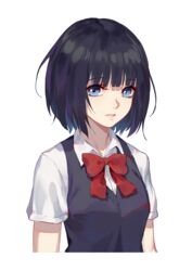  absurdres black_hair blue_eyes bow commentary female highres kuzu_no_honkai looking_at_viewer parted_lips rekaerb_maerd school_uniform short_hair simple_background solo upper_body yasuraoka_hanabi 