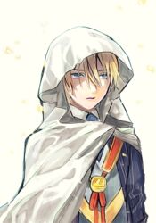  1boy blonde_hair blue_eyes cloak commentary_request male_focus mogupen solo touken_ranbu yamanbagiri_kunihiro 