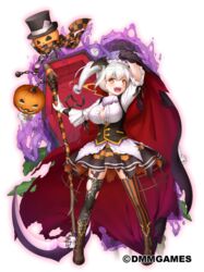  :d asymmetrical_legwear black_hat black_skirt breasts brown_footwear cape cleavage coffin commentary_request female flower_knight_girl full_body gloves halloween hat jack-o&#039;-lantern large_breasts leaf legs_apart looking_at_viewer mismatched_legwear nakaishow official_art open_mouth orange_eyes pumpkin scythe shoes short_hair side_ponytail simple_background skirt smile solo standing striped_clothes striped_thighhighs tachi-e thighhighs top_hat torn_clothes torn_thighhighs vertical-striped_clothes vertical-striped_thighhighs warunasubi_(flower_knight_girl) white_background white_gloves white_hair 