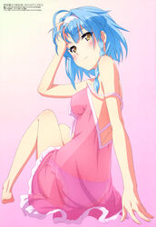  absurdres adjusting_hair ahoge ass barefoot blue_hair blush braid breasts closed_mouth dress female fingernails frilled_dress frilled_panties frills hairband highres iwata_ryuuji looking_at_viewer looking_back medium_breasts megami_magazine nightgown nonaka_yuki official_art panties pink_dress scan see-through shinmai_maou_no_testament short_hair smile solo strap_slip underwear white_hairband yellow_eyes 