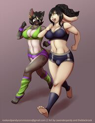  anthro badger black_hair breasts bunnyta cleavage clothed clothing duo ear_piercing exercise gynomorph hair heterochromia hi_res hybrid hyena intersex jogging lagomorph lavenderpandy leporid mammal meer mustelid musteline piercing rabbit running smile theblackrook warmers workout 