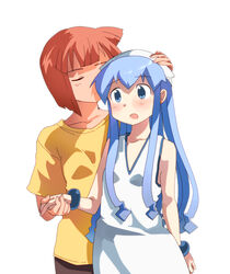  2girls aizawa_eiko bad_id bad_pixiv_id blue_hair blush bracelet closed_eyes dress holding_hands ikamusume jewelry kikiki_(hiya_mikan) kissing long_hair multiple_girls open_mouth photoshop_(medium) red_hair shinryaku!_ikamusume shirt short_hair surprise_kiss surprised tentacle tentacle_hair yellow_shirt yuri 