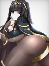  aone_hiiro ass bad_proportions bangle black_hair bodystocking bracelet breasts bridal_gauntlets cape circlet cleavage commentary_request covered_navel female fire_emblem fire_emblem_awakening jewelry magic skin_tight solo tharja_(fire_emblem) thighs tiara two_side_up 