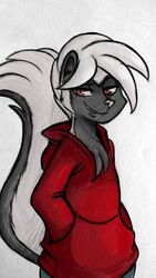  2017 9:16 anthro chest_tuft clothed clothing disney fan_character half-closed_eyes hand_in_pocket hoodie hugh_muskroura inkyfrog looking_at_viewer male mammal mephitid narrowed_eyes pockets red_eyes simple_background skunk smile solo topwear traditional_media_(artwork) tuft white_background zootopia 