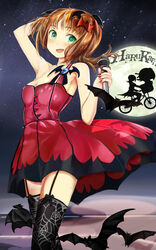  amami_haruka armpits bare_shoulders bat_(animal) bicycle blush bow brown_hair commentary_request e.t. female full_moon garter_straps green_eyes hair_ornament heart heart-shaped_pupils highres idolmaster idolmaster_(classic) moon open_mouth short_hair sleeveless solo spider_web_print sweat symbol-shaped_pupils zi-dabu 