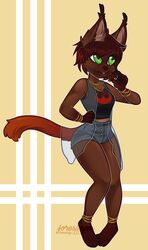  2017 anklet anthro barefoot big_eyes biped bottomwear bracelet brown_hair cheek_tuft clothed clothing ear_tuft facial_tuft feet felid female fur green_eyes hair hand_on_hip hi_res honesty_(artist) inner_ear_fluff jewelry lyra_(arpeggiosmusicbox) mammal necklace shirt short_hair shorts simple_background small_waist smile solo star_wars topwear translucent translucent_clothing tuft wide_hips 