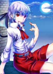  1boy ascot bad_id bad_pixiv_id belt blood blue_hair commentary_request cross crow_(crowatelier) genderswap_(ftm) moon red_eyes remilia_scarlet rule_63 short_hair shorts touhou wings 